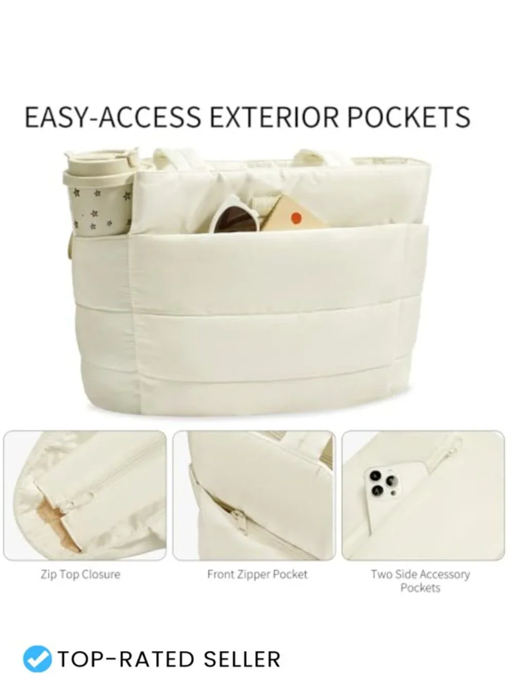 Quilted Nylon Puffer Tote Bag with Zipper, 20L Large Capacity, Fits 15.6